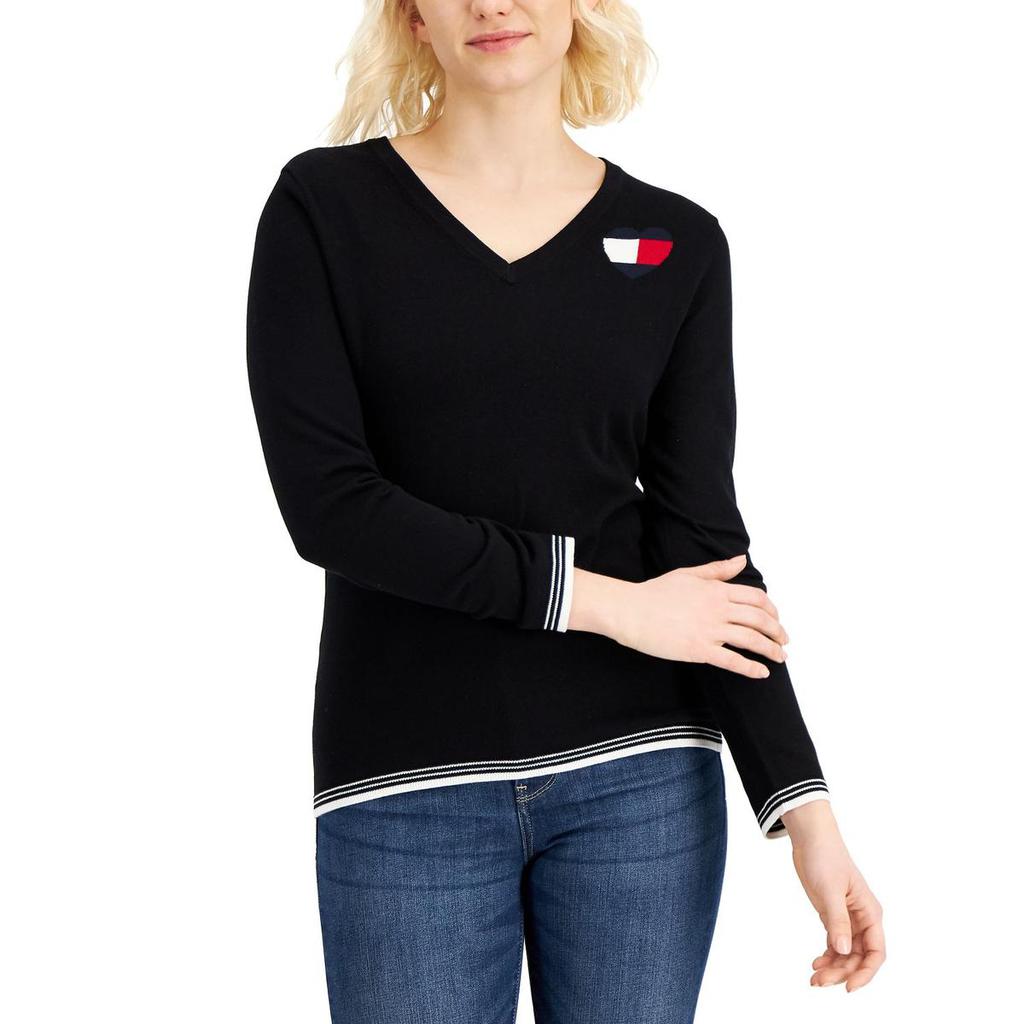 Tommy Hilfiger Womens Heart Pullover Ribbed Trim V-Neck Sweater商品第1张图片规格展示