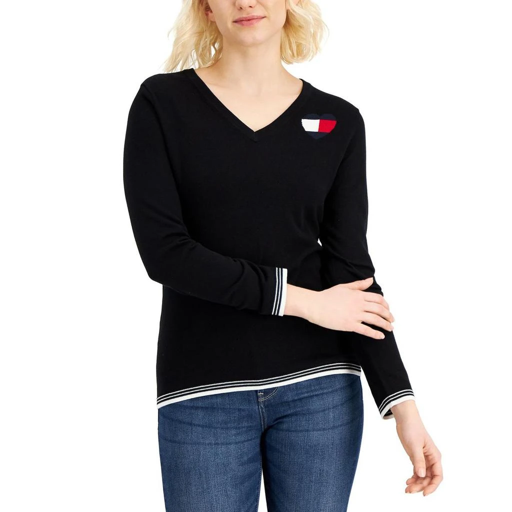 商品Tommy Hilfiger|Tommy Hilfiger Womens Heart Pullover Ribbed Trim V-Neck Sweater,价格¥123,第1张图片