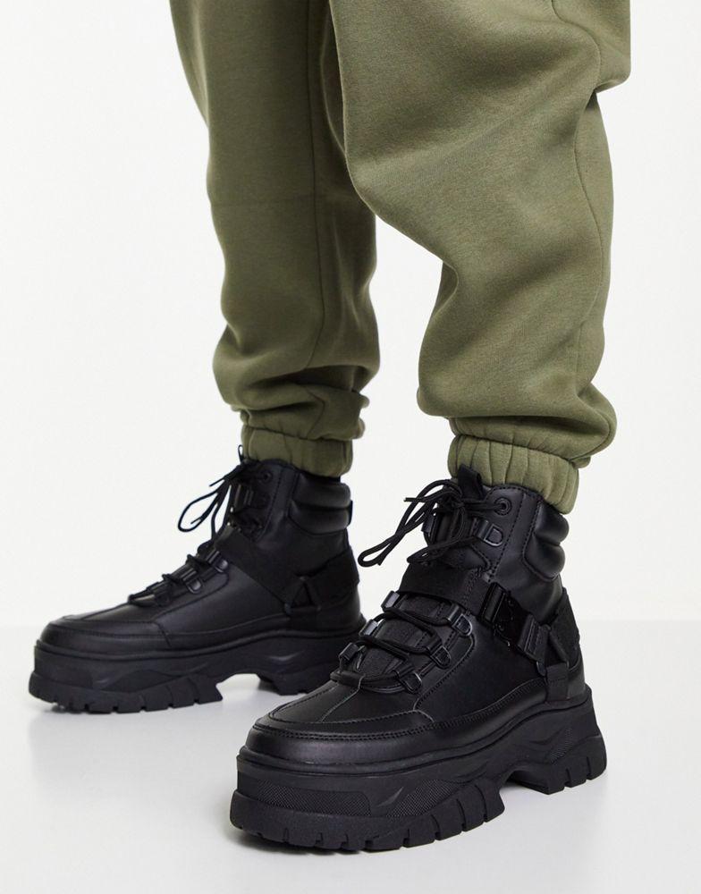 商品ASOS|ASOS DESIGN lace up boots in black faux leather with chunky sole,价格¥330,第6张图片详细描述
