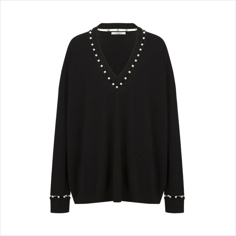 商品[国内直发] Givenchy|Givenchy 纪梵希 黑色羊毛丝羊绒V领女士长袖上衣 17X7845502-001,价格¥4919,第1张图片
