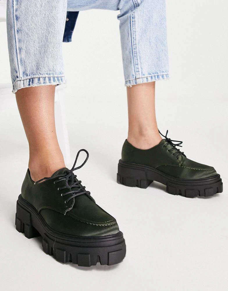 商品ASOS|ASOS DESIGN Mall chunky lace up flat shoes in khaki satin,价格¥122,第1张图片