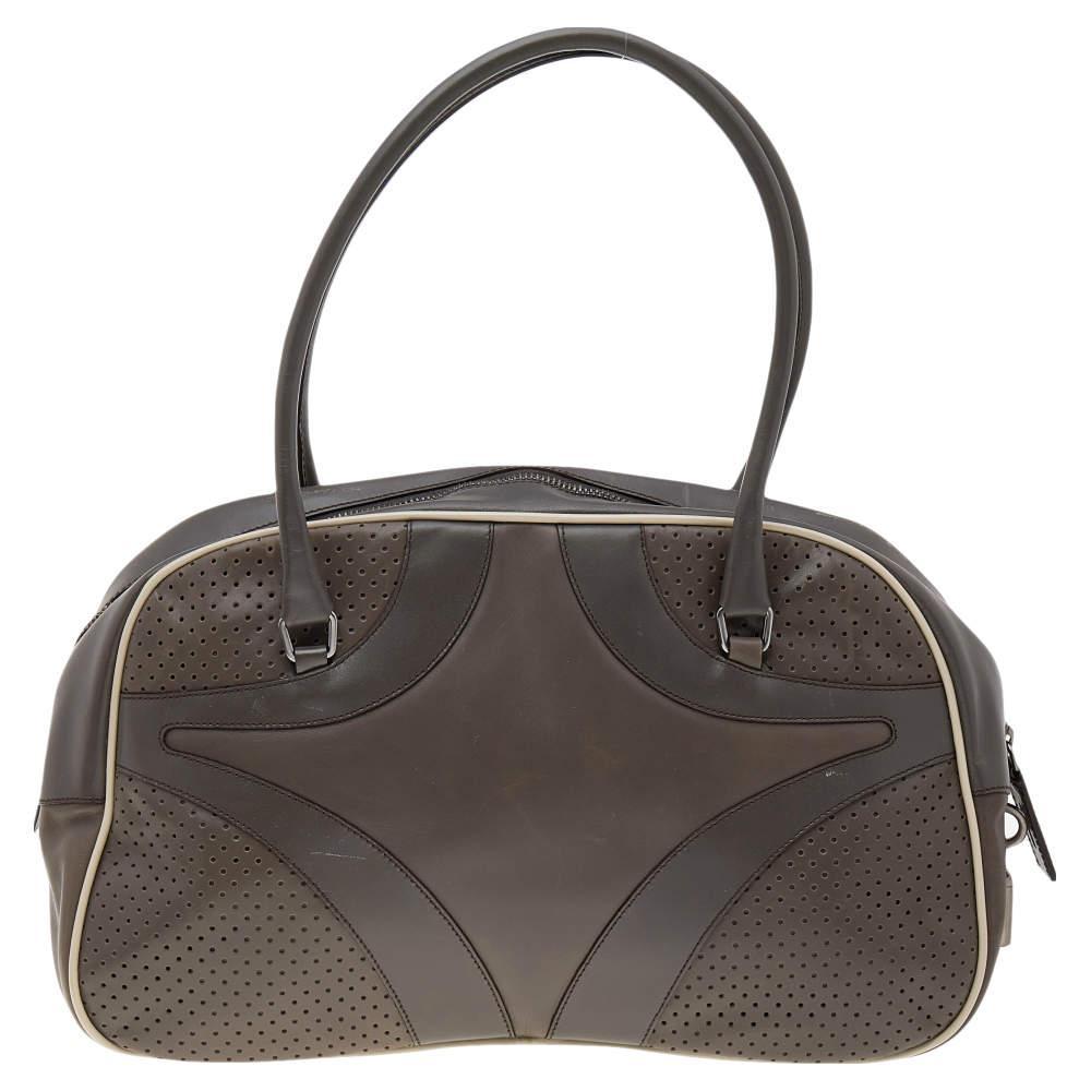 商品[二手商品] Prada|Prada Grey/White Vitello Drive and Perforated Leather Bowler Bag,价格¥1193,第6张图片详细描述