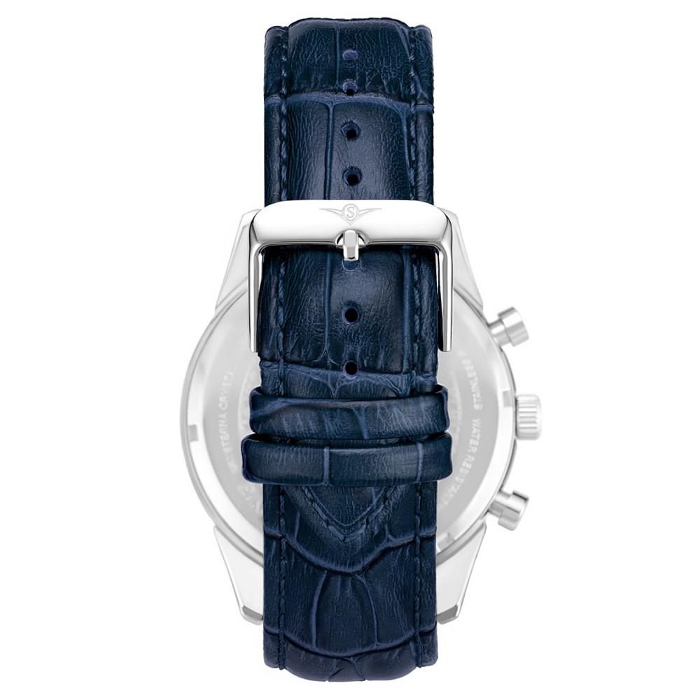 Men's Quartz Chronograph Date Blue Alligator Embossed Genuine Leather Strap Watch 44mm商品第2张图片规格展示