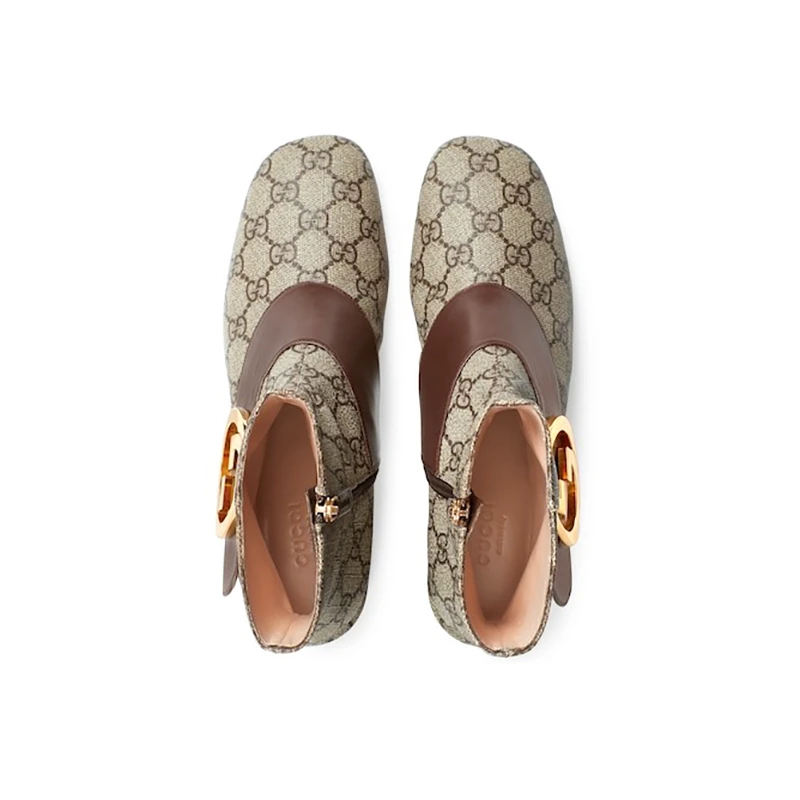 GUCCI/古驰 女士卡其色帆布印花金属双GBlondie靴5.5cm 商品
