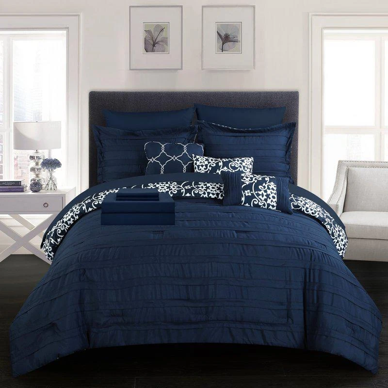 商品Chic Home Design|Zarina 10 Piece Reversible Comforter Bed in a Bag Ruffled Pinch Pleat Motif Pattern Print Complete Bedding Set KING,价格¥1204,第1张图片