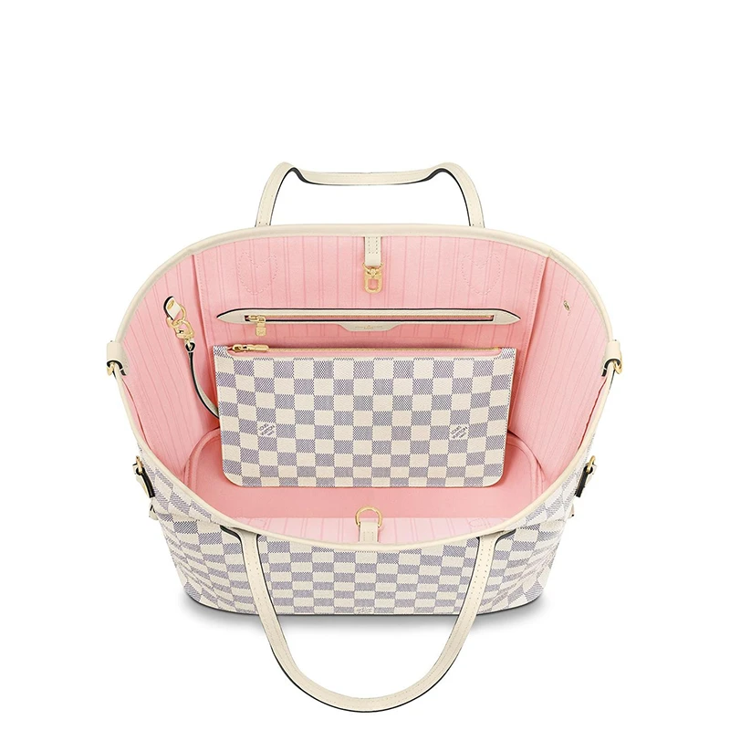 预售10天 Louis Vuitton/路易威登 22春夏新款NEVERFULL系列 女士中号天蓝色棋盘格帆布皮革饰边细节金扣配可拆卸小袋多色编织肩带抽绳开合手提托特包N45295 商品