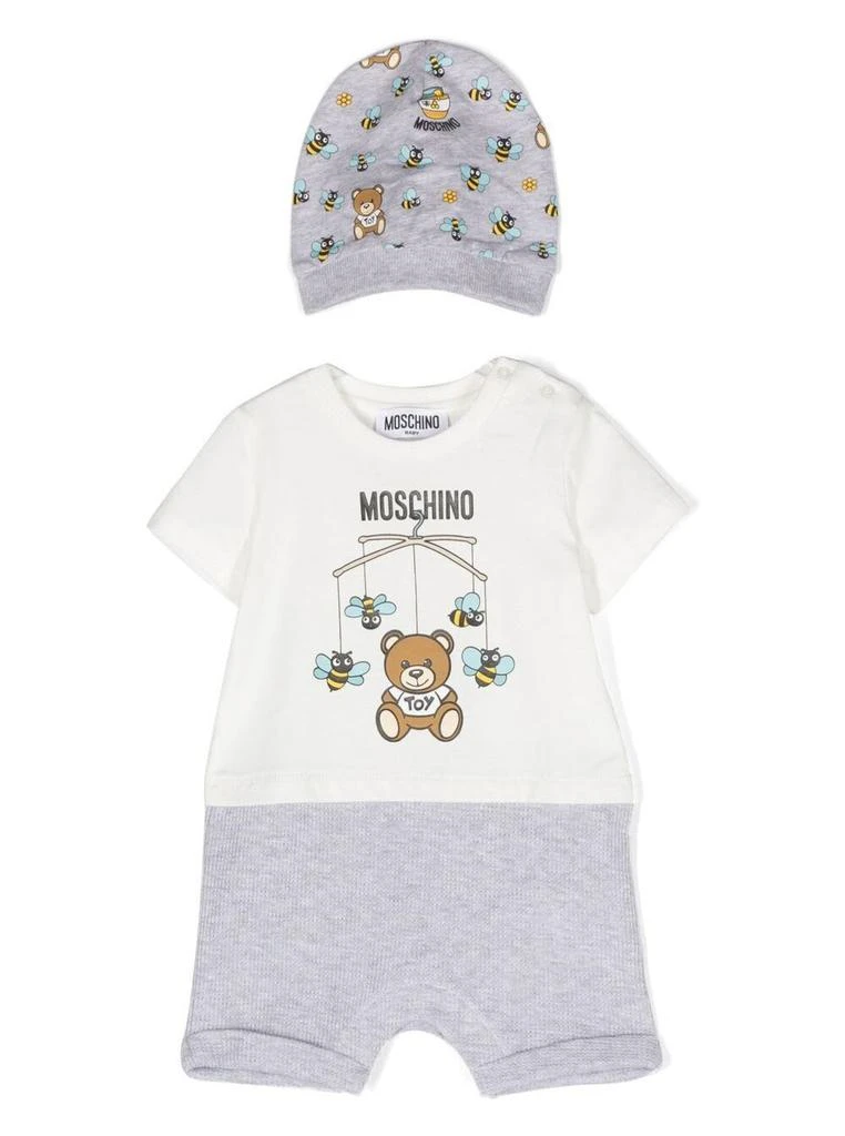 商品Moschino|Romper And Hat Set With Logo In White And Grey Cotton Baby,价格¥981,第1张图片