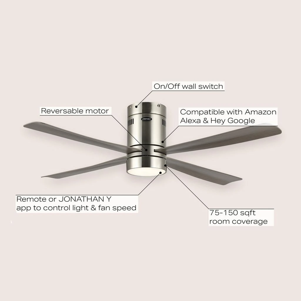 Theo 52" 1-Light Contemporary Minimalist Iron/Acrylic Mobile-App/Remote-Controlled 6-Speed Integrated LED Ceiling Fan, Nickel/Gray Wood Finish 商品