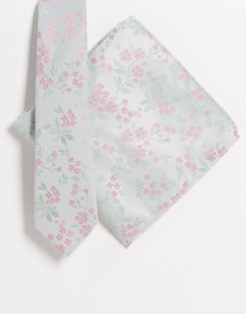 ASOS DESIGN slim tie and pocket square with ditsy floral design in sage and pink - LGREEN商品第1张图片规格展示