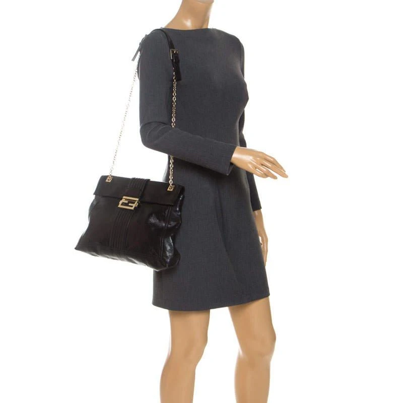 商品[二手商品] Fendi|Fendi Black Leather Maxi Baguette Flap Shoulder Bag,价格¥6563,第2张图片详细描述