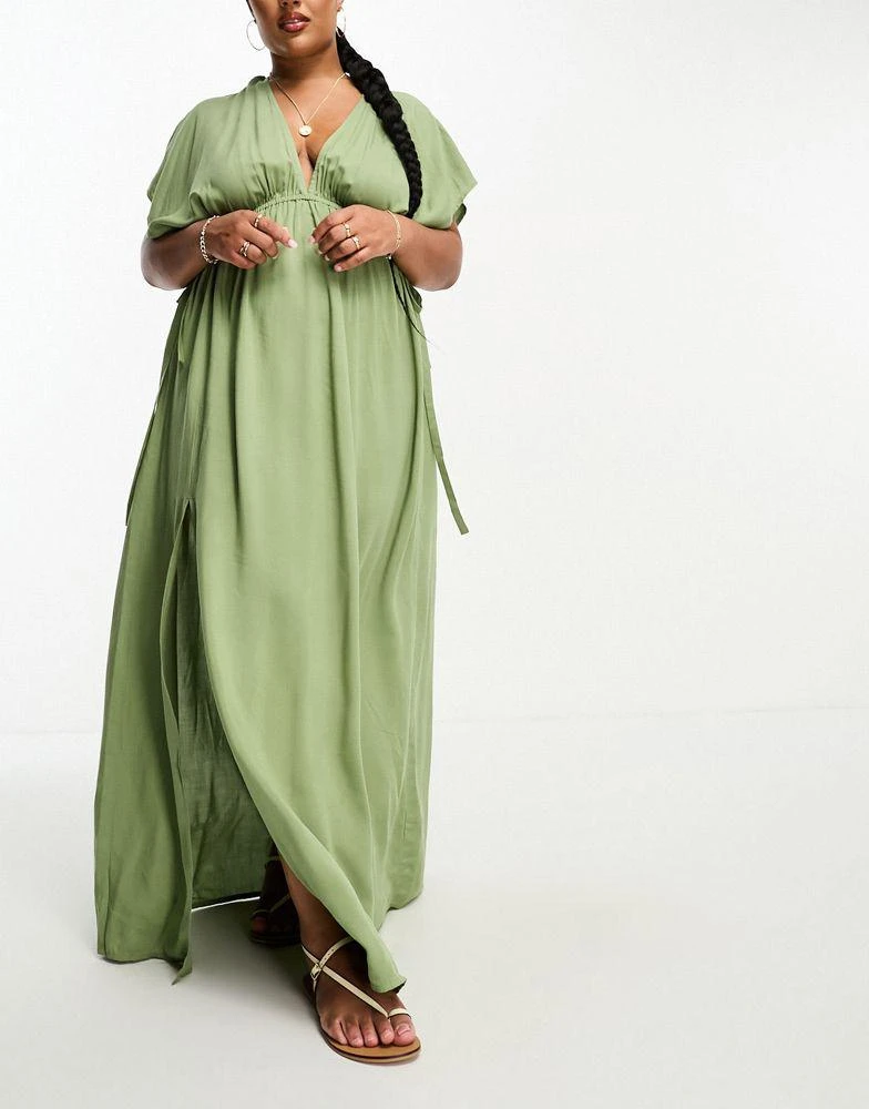 商品ASOS|ASOS DESIGN Curve flutter sleeve maxi beach dress with tie detail in khaki,价格¥293,第1张图片