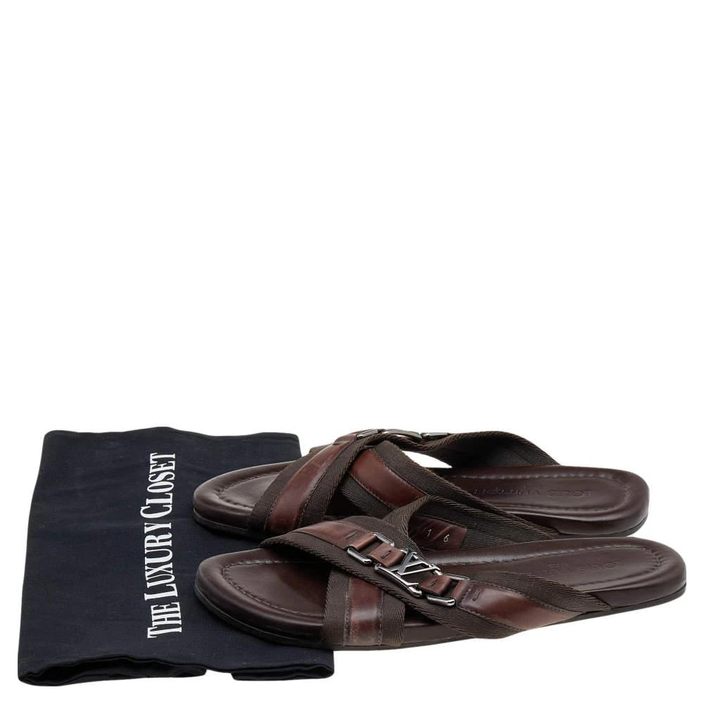 Louis Vuitton Brown Leather And Fabric Cross Strap Logo Flat Sandals Size 40 商品