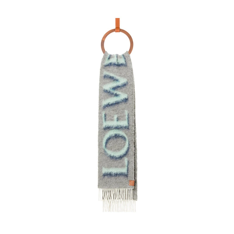 商品Loewe|【预售3-7天】罗意威 23年早春新款 男士灰色/蓝色羊毛和马海毛混纺Logo围巾F811257X03-1134,价格¥4543,第1张图片