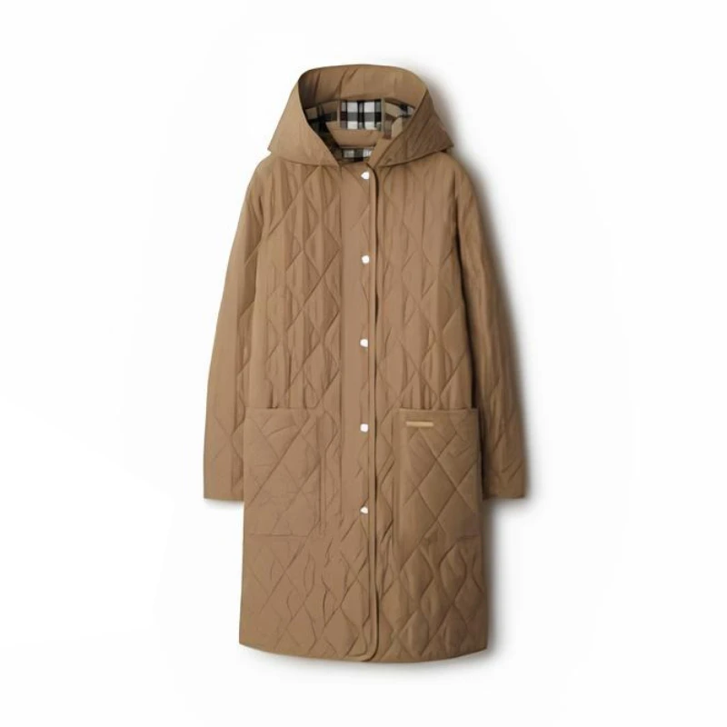 商品Burberry|Burberry博柏利 女士棕色聚酰胺绗缝细节徽标连帽羽绒服80842101,价格¥4003,第1张图片