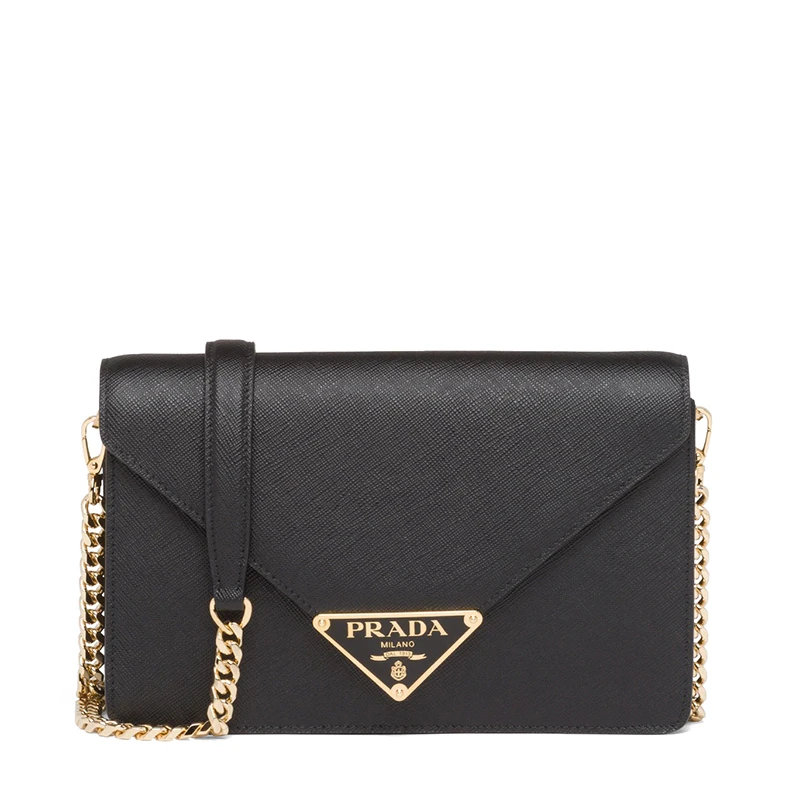 商品Prada|【现货】普拉达 22春夏新款 女士黑色saffiano皮革金扣金链三角徽标翻盖单肩斜跨链条包1BD318_NZV_F0002_V_CTO,价格¥17476,第1张图片