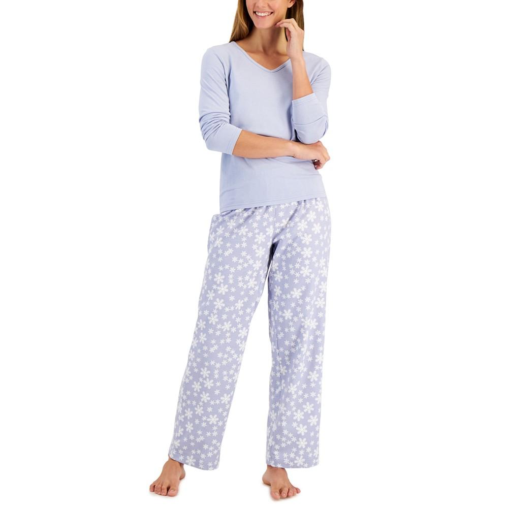 V-Neck T-Shirt & Flannel Pants Pajama Set, Created for Macy's商品第1张图片规格展示