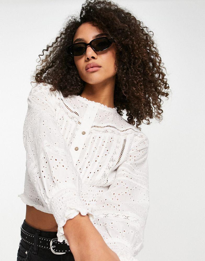 Topshop broderie lace insert shirred top in white商品第1张图片规格展示