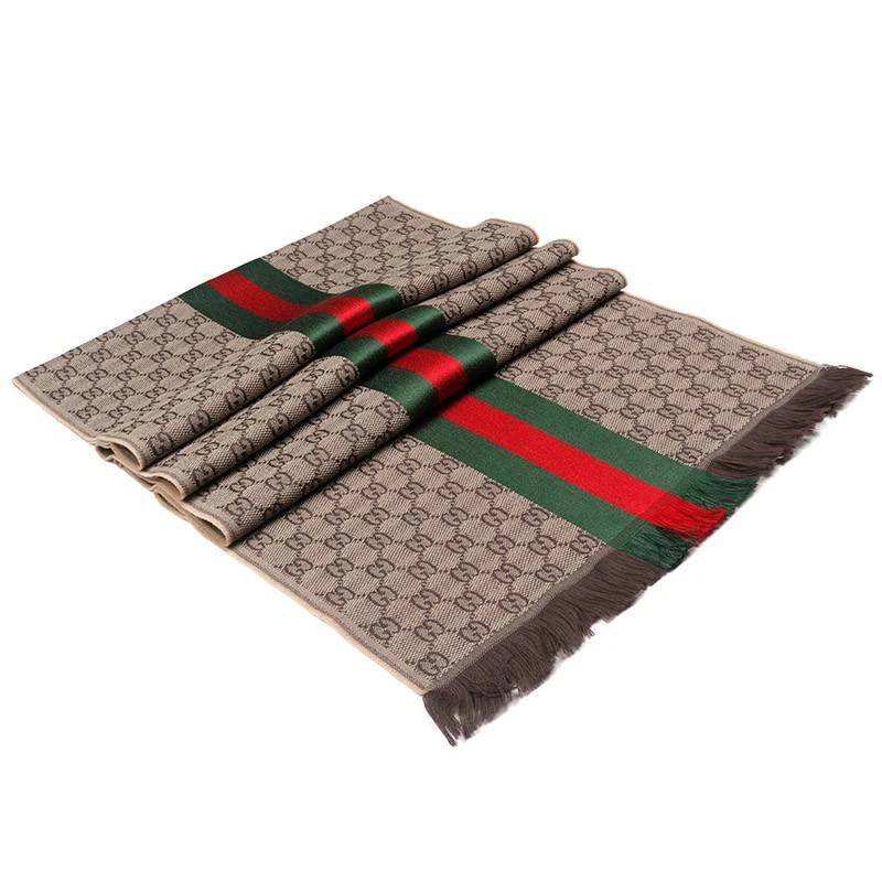 商品[国内直发] Gucci|GUCCI 古驰围巾 女士经典款灰粉色流苏双G图案双面用羊毛围巾男士通用 经典卡其色 147351 4G704 2766,价格¥2751,第4张图片详细描述