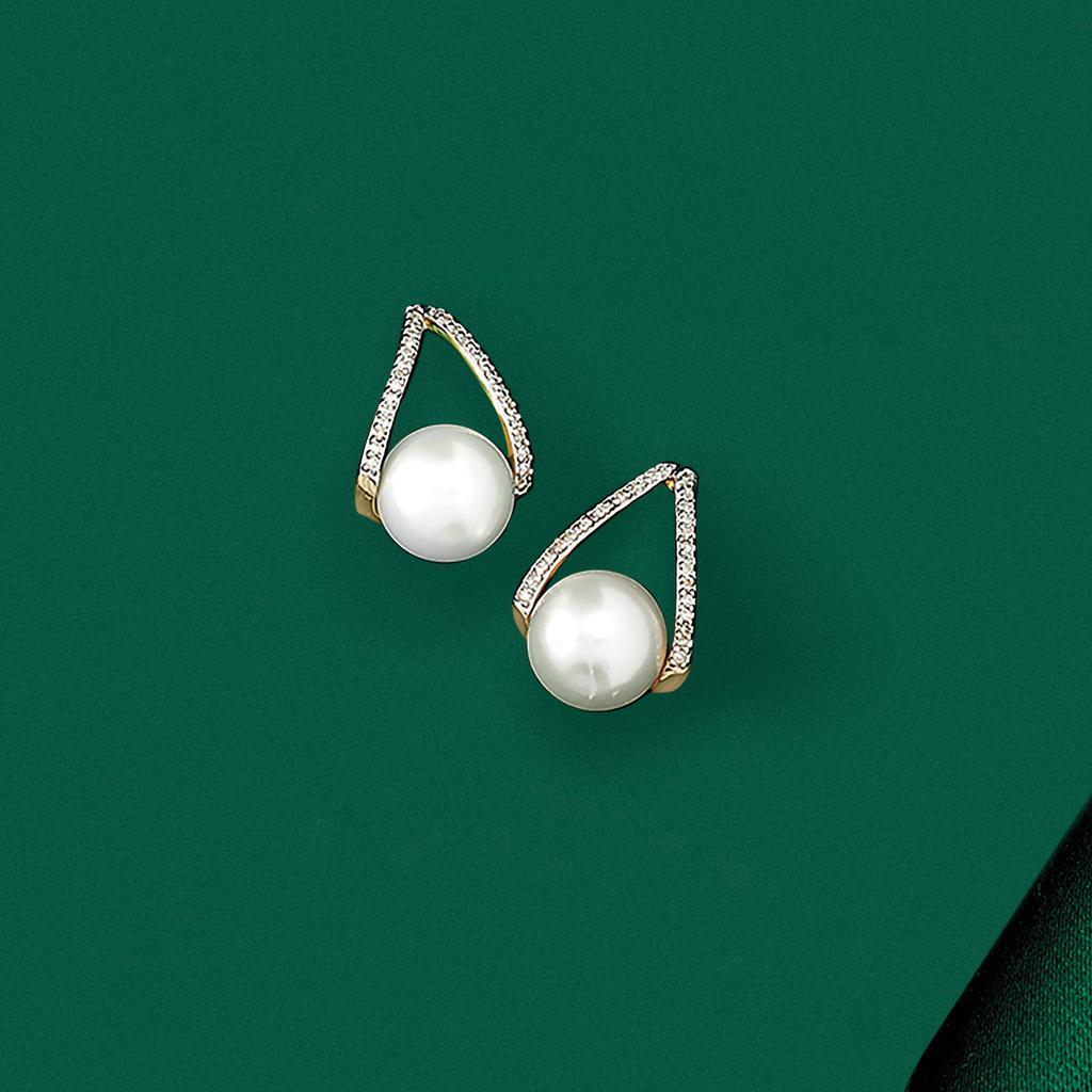 商品Ross-Simons|Ross-Simons 8-8.5mm Cultured Pearl and . Diamond Drop Earrings in 14kt Yellow Gold,价格¥2660,第7张图片详细描述