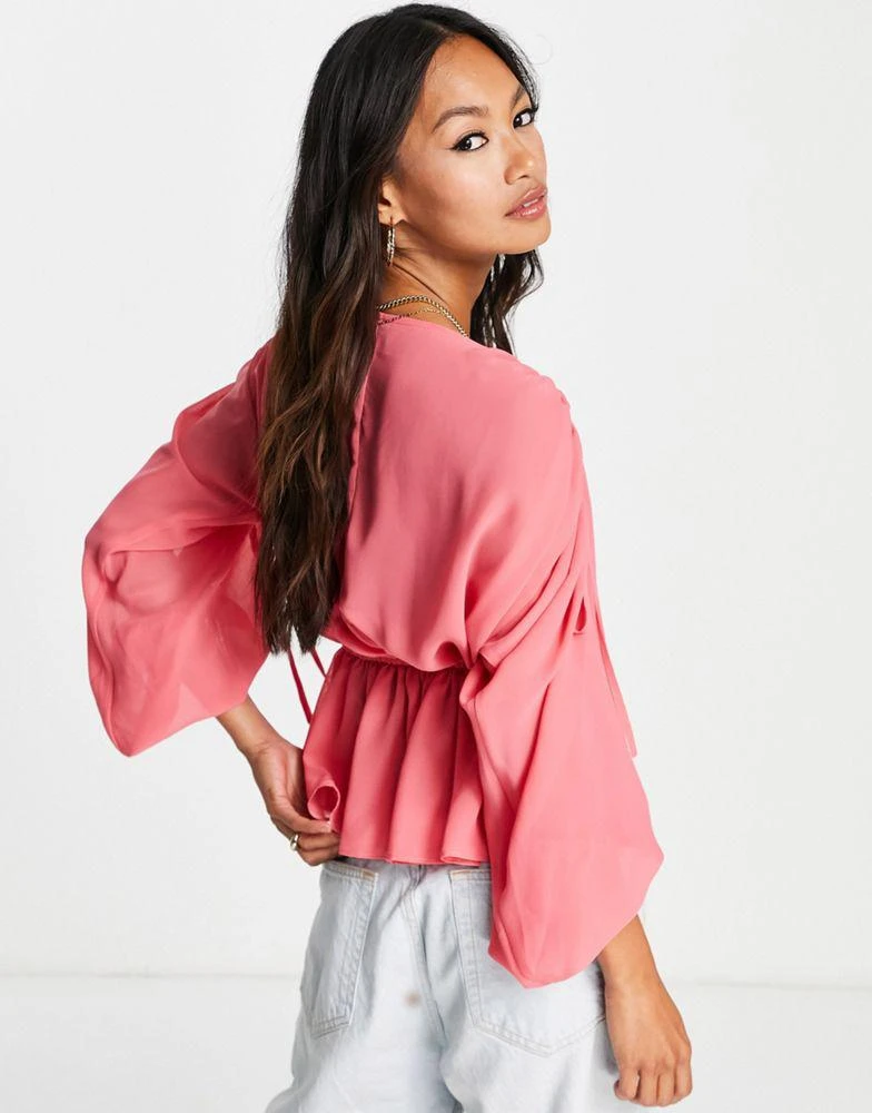 商品ASOS|ASOS DESIGN sheer ruched shoulder blouse with frill hem in pink,价格¥219,第2张图片详细描述