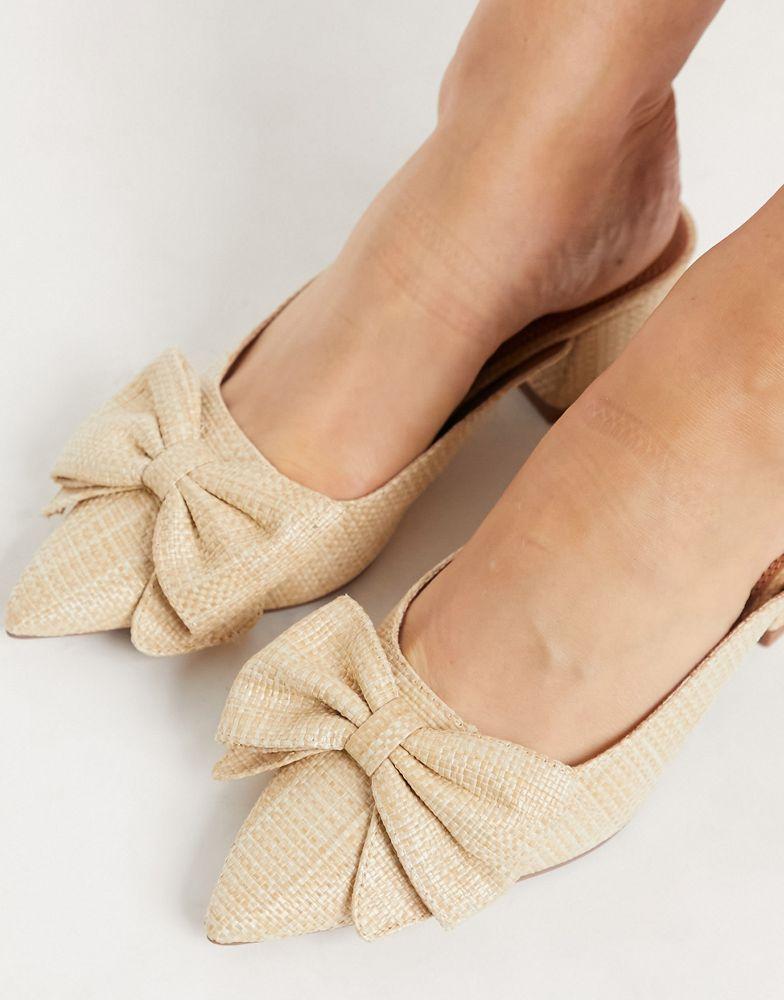 ASOS DESIGN Wide Fit Summer bow mid heeled mules in natural商品第3张图片规格展示
