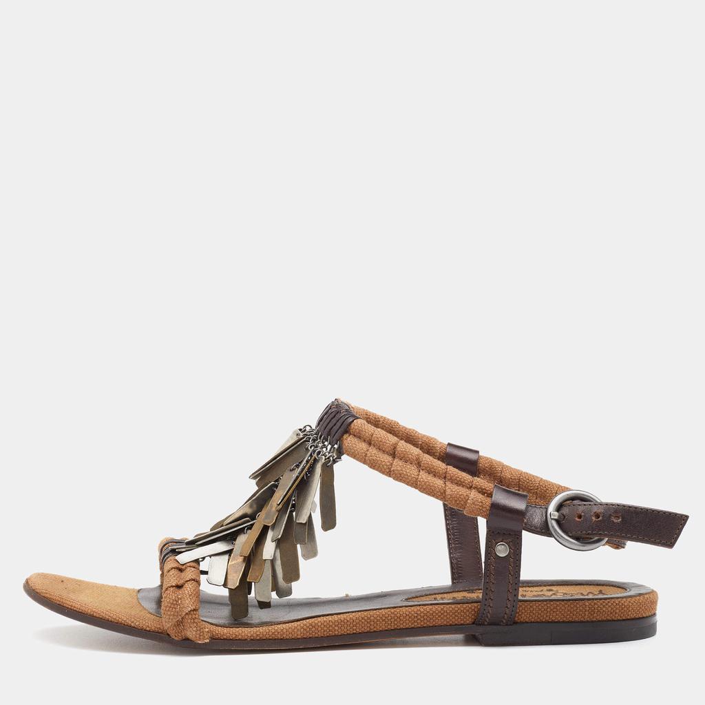 商品[二手商品] Yves Saint Laurent|Yves Saint Laurent Brown Canvas and Leather Embellished Flat Sandals Size 39,价格¥1885,第1张图片