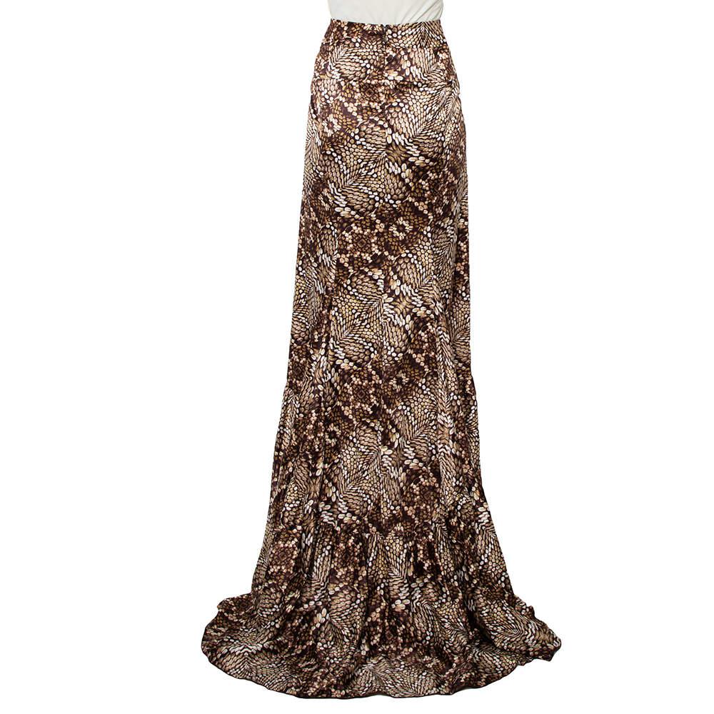 Just Cavalli Brown Snake Print Silk Satin Flared Asymmetrical Hem Maxi Skirt L商品第3张图片规格展示