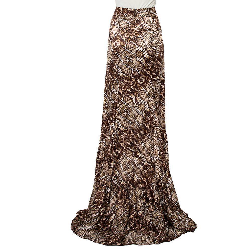 商品[二手商品] Just Cavalli|Just Cavalli Brown Snake Print Silk Satin Flared Asymmetrical Hem Maxi Skirt L,价格¥775,第5张图片详细描述