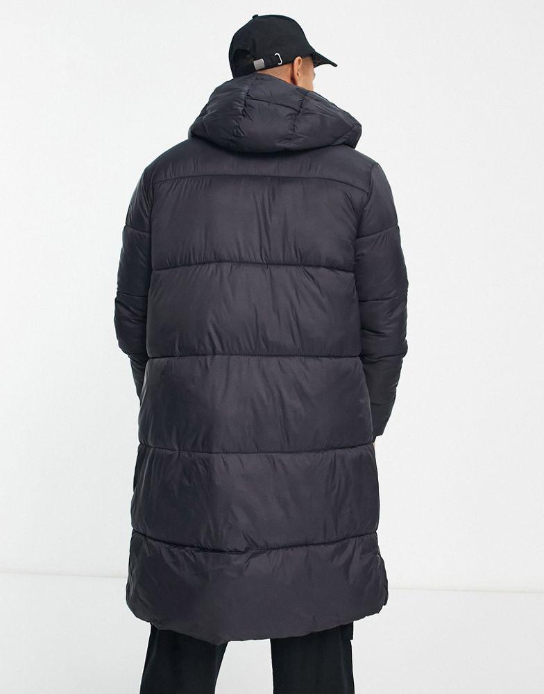 商品Jack & Jones|Jack & Jones Essentials longline puffer coat with hood in black with double zip,价格¥609,第4张图片详细描述