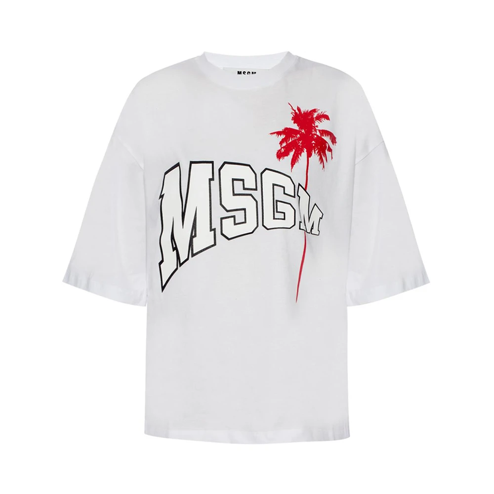 商品MSGM|MSGM 女士白色棉质字母LOGO红色图案印花圆领短袖T恤 MDM164-298-01,价格¥620,第1张图片