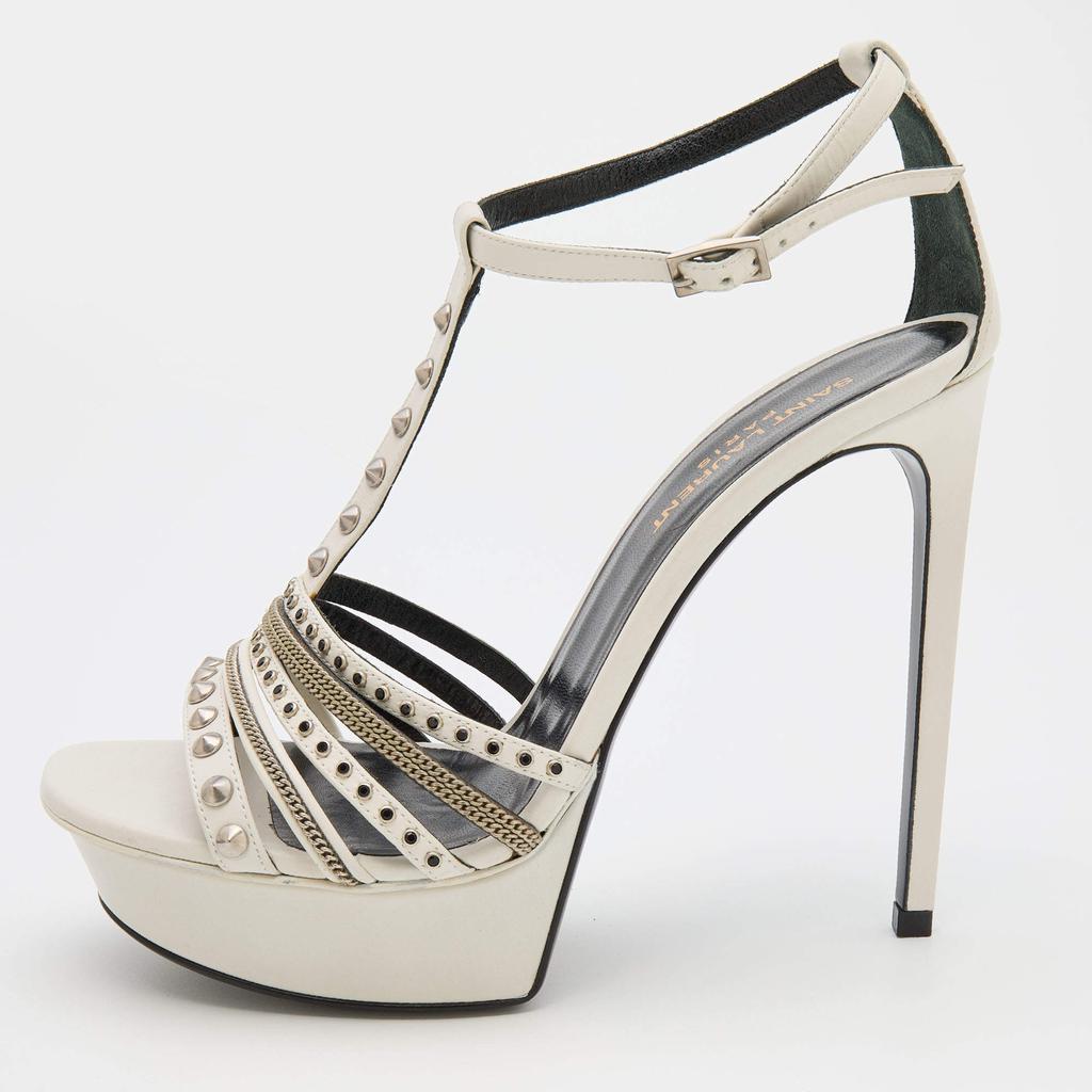 Saint Laurent White Leather Alice Studded Platform Sandals Size 39.5商品第1张图片规格展示