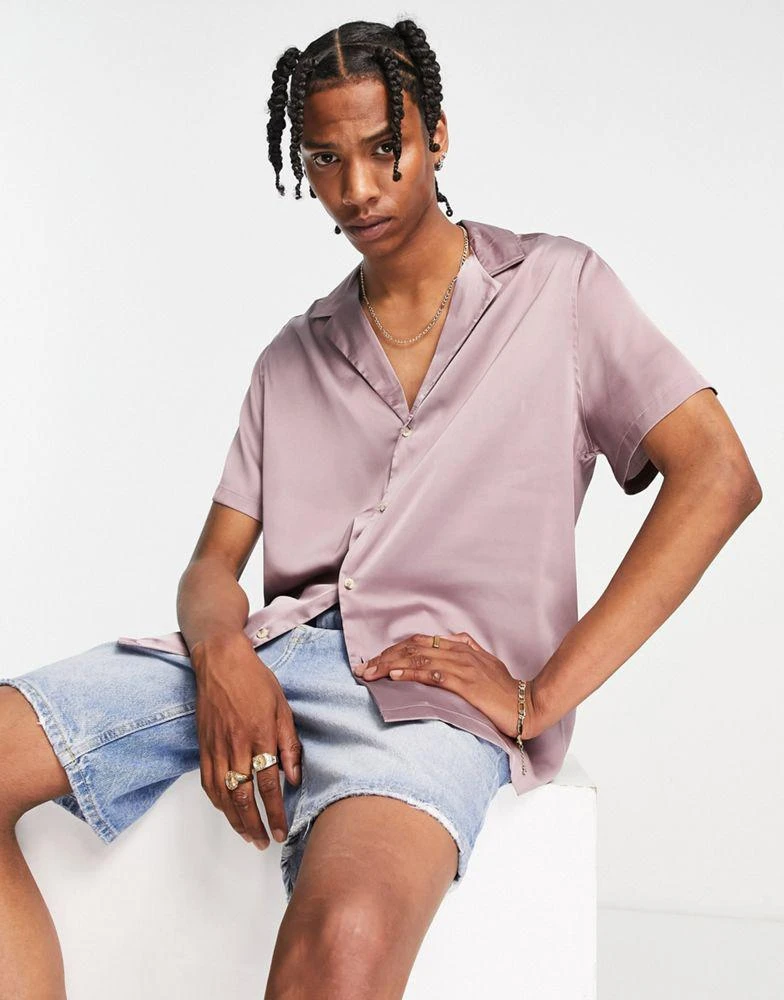 商品ASOS|ASOS DESIGN relaxed deep revere satin shirt in dusty pink ,价格¥91,第3张图片详细描述