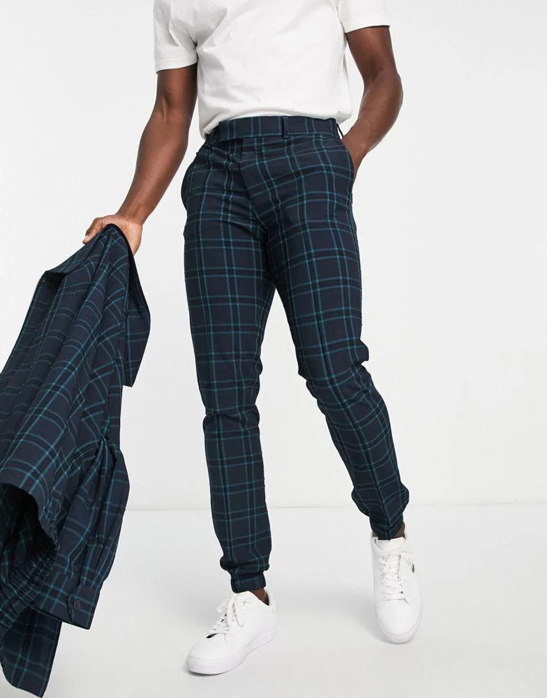 商品ASOS|ASOS DESIGN co-ord smart skinny crepe check trousers with jogger cuff in navy,价格¥221,第1张图片