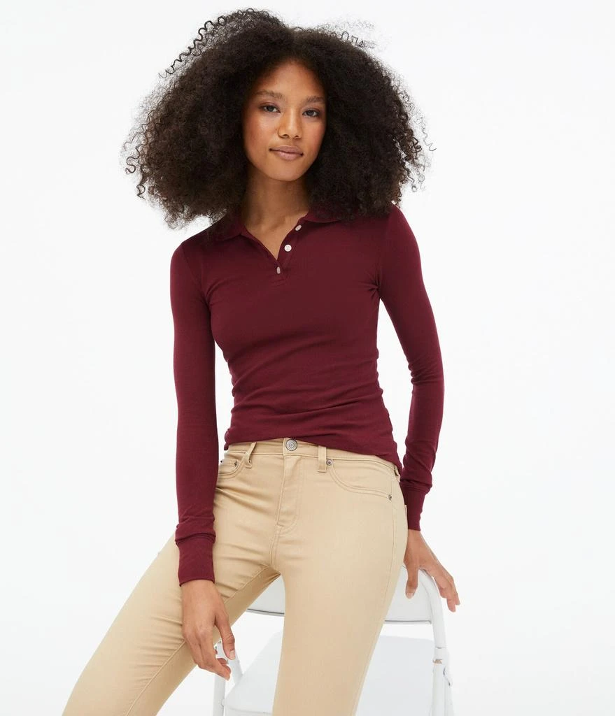 Aeropostale Women's Long Sleeve Solid Uniform Pique Polo Red 商品