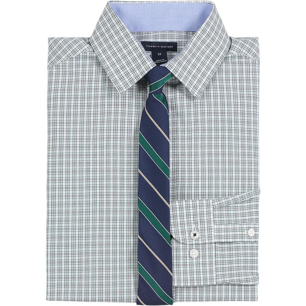 Big Boys Long Sleeve Stretch Spring Plaid Shirt with Tie商品第2张图片规格展示