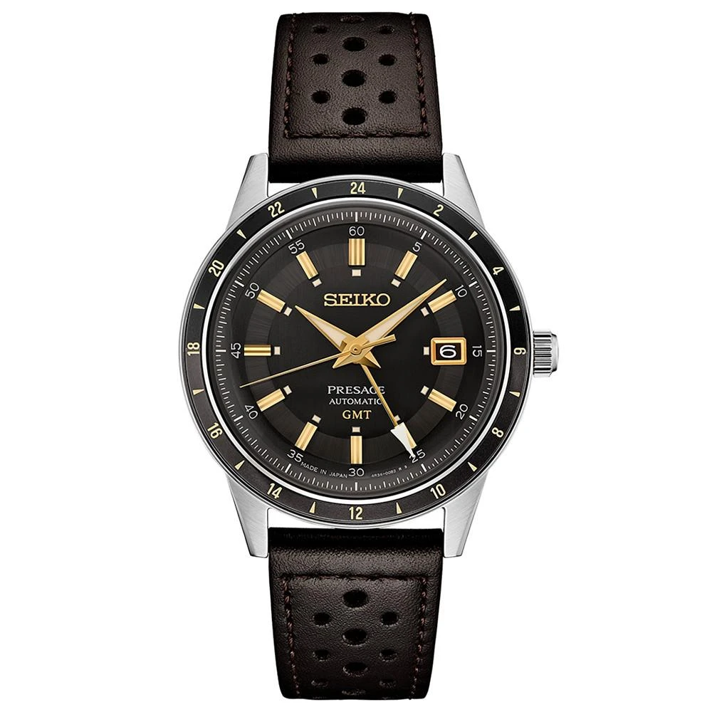 商品Seiko|Men's Automatic Presage GMT Brown Perforated Leather Strap Watch 41mm,价格¥4708,第1张图片