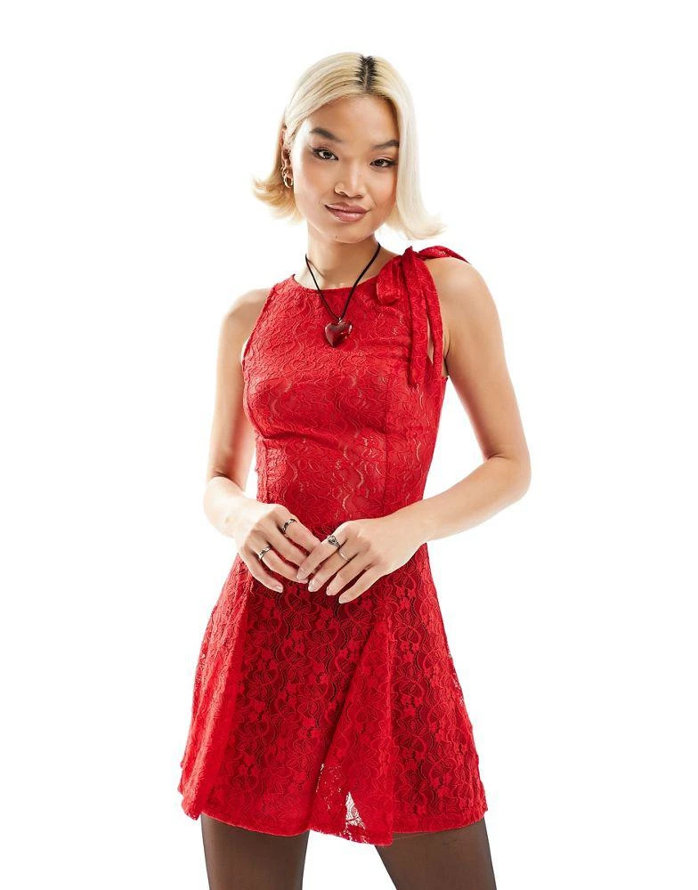 商品Motel|Motel lace bow-detail mini dress in red,价格¥182,第1张图片