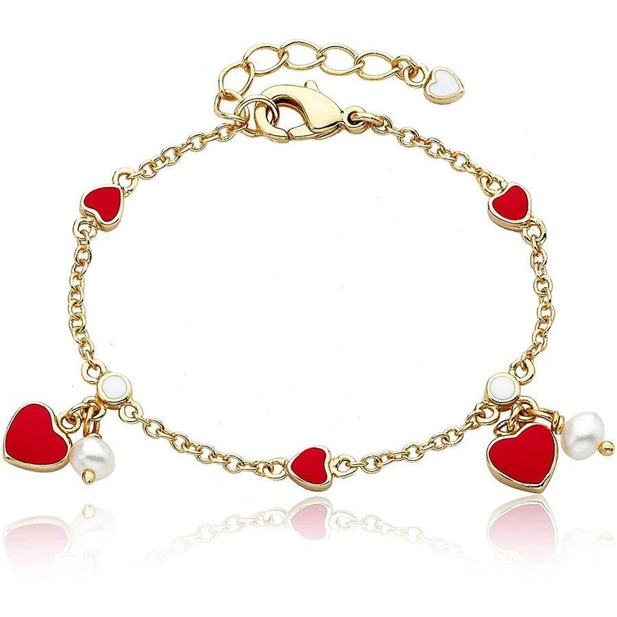 商品Rachel Glauber|14k Yellow Gold Plated with Red Enamel Heart & Pearl Dangle Charm Bracelet,价格¥462,第1张图片