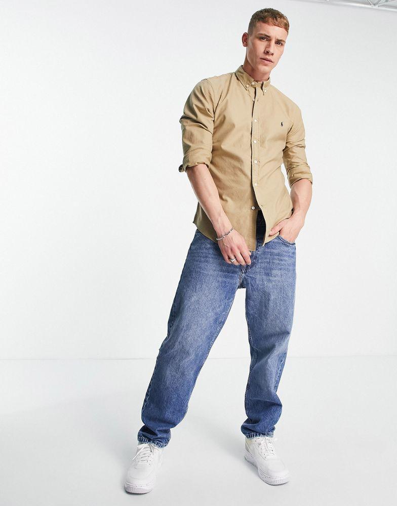 Polo Ralph Lauren slim fit garment dyed oxford shirt with pony logo in surrey tan商品第4张图片规格展示