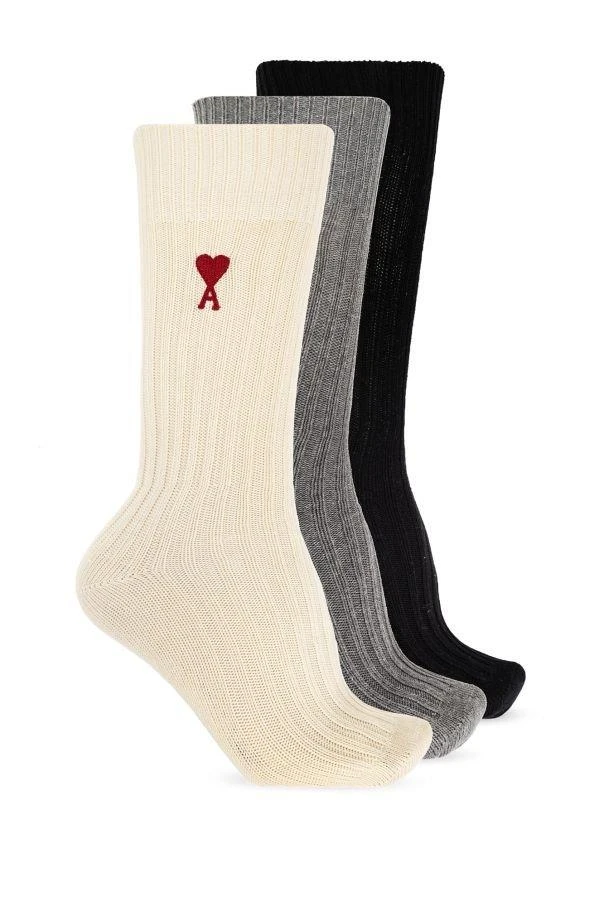 商品AMI|AMI Paris Ami De Coeur Logo Embroidered Ribbed 3-Pack Socks,价格¥676,第1张图片