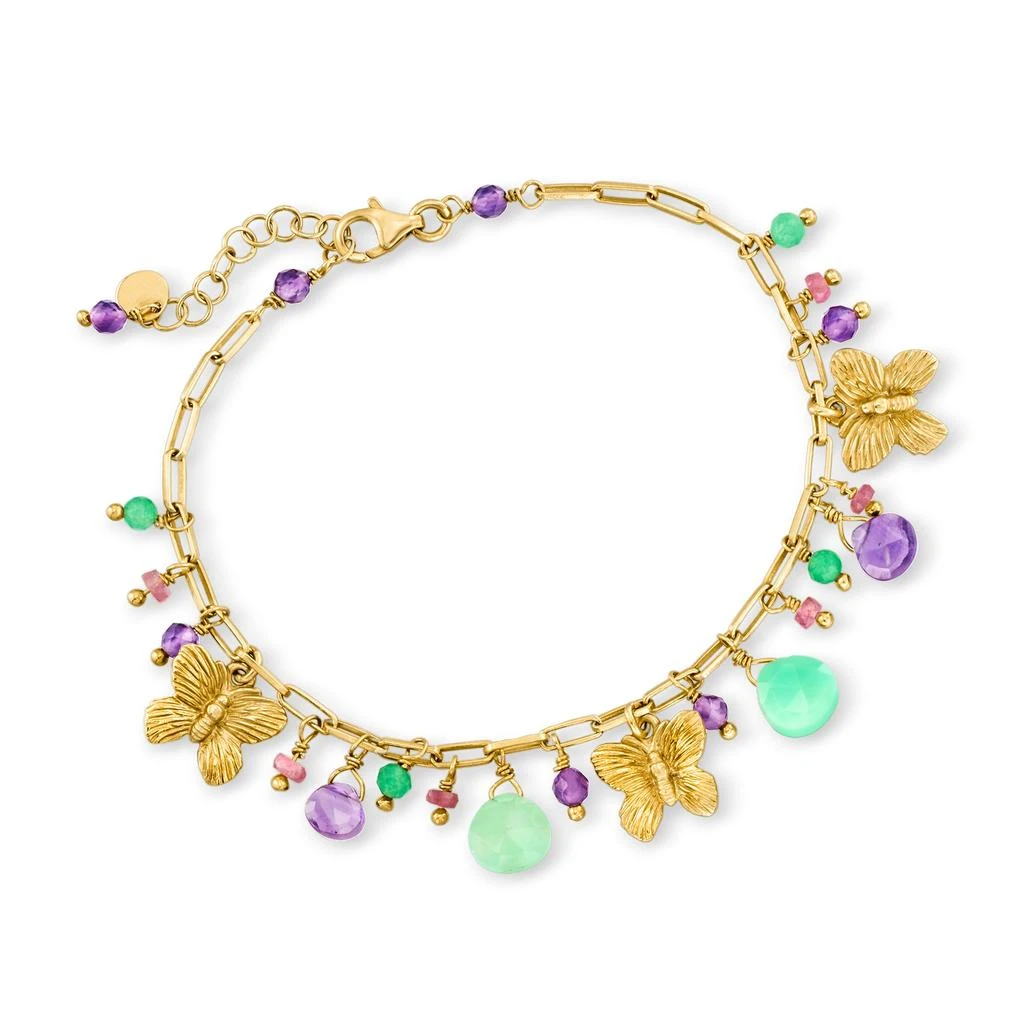 商品Ross-Simons|Ross-Simons Italian Multi-Gemstone Bead and Butterfly Station Paper Clip Link Bracelet in 24kt Gold Over Sterling,价格¥785,第3张图片详细描述