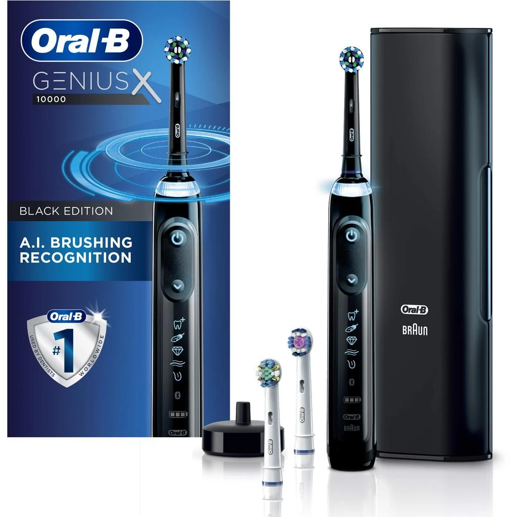 商品Oral-B|Oral-B GENIUS X Electric Toothbrush with 3 Oral-B Replacement Brush Heads and Toothbrush Case, Black,价格¥1333,第1张图片