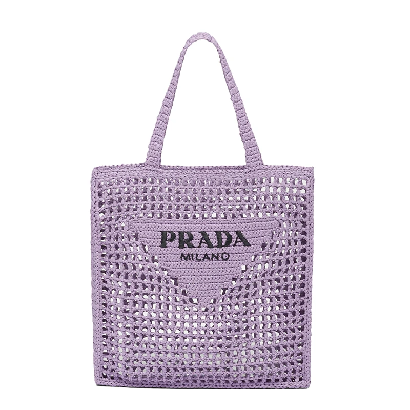 商品Prada|PRADA/普拉达 22新款 女士百合色酒椰纤维解构式单肩手提镂空托特包,价格¥11981,第1张图片
