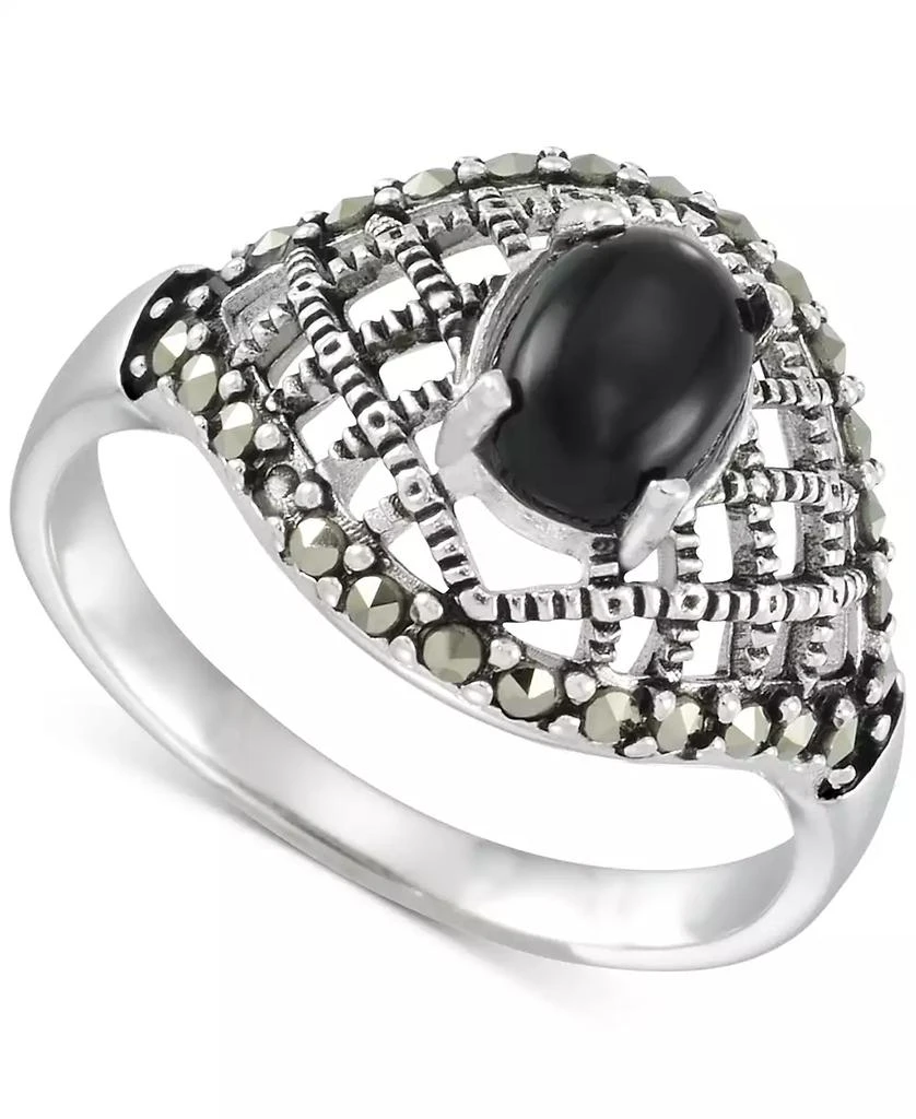 商品Macy's|Onyx & Marcasite (1/3 ct. t.w.) Lattice Ring in Sterling Silver,价格¥328,第1张图片