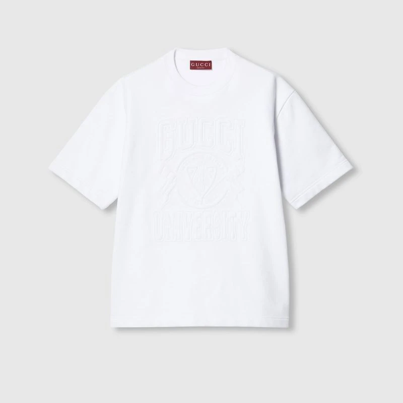 商品Gucci|【预售3-5天】Gucci古驰男士白色的刺绣棉质平纹针织 T 恤,价格¥7427,第1张图片