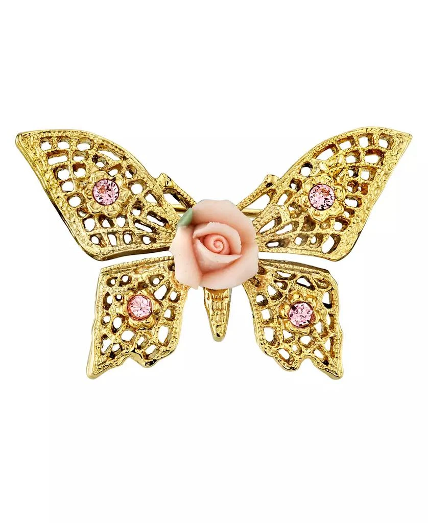 商品2028|Gold-Tone Pink Crystal and Porcelain Rose Butterfly Brooch,价格¥361,第1张图片