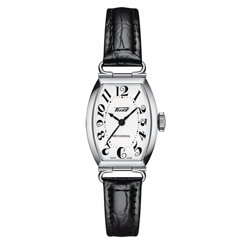 商品Tissot|【预售4周】 天梭 波尔图系列 女士白色表盘手动机械机芯精钢表壳黑色皮质表带腕表20x30毫米T128.161.16.012.00,价格¥5050,第1张图片