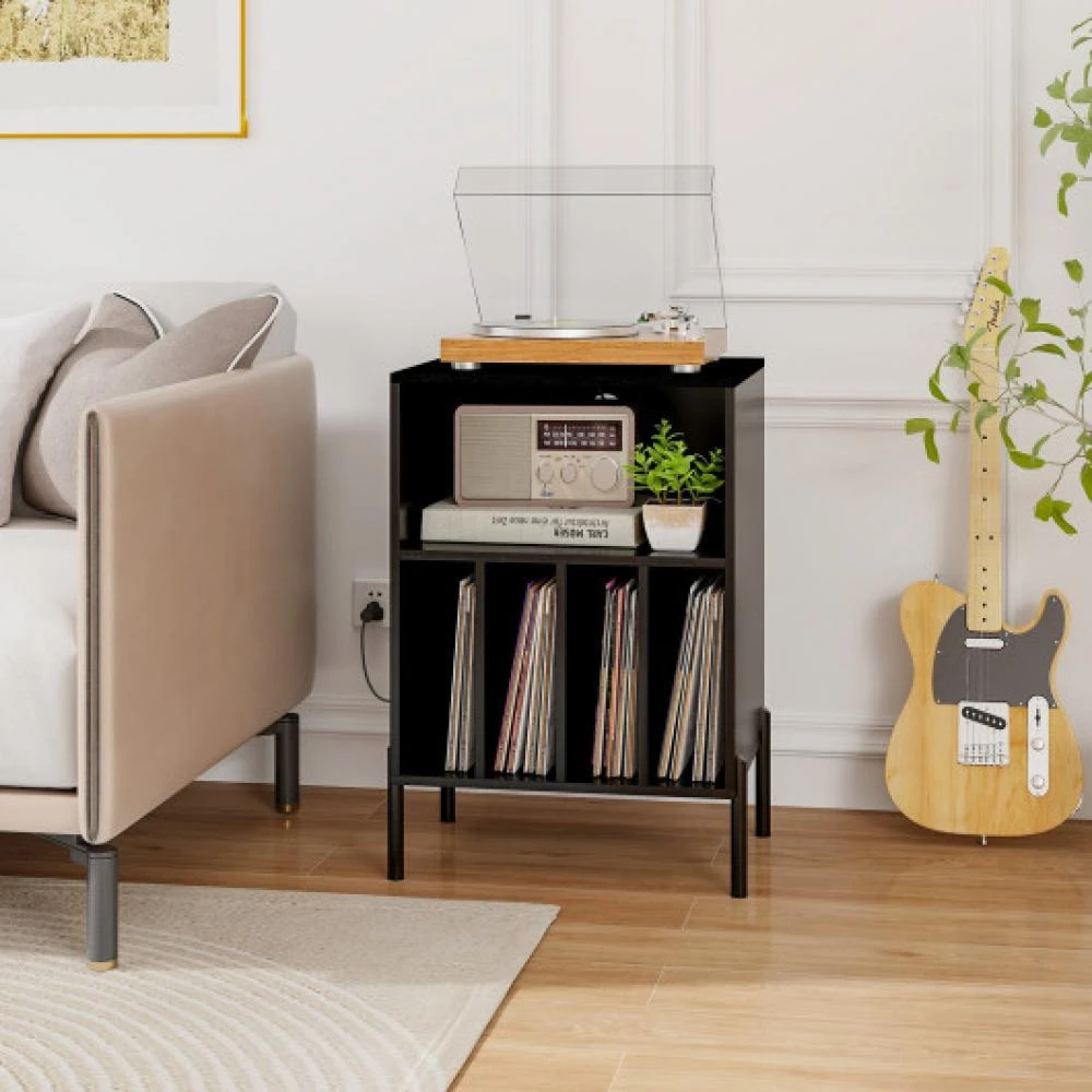 商品Hivvago|Record Player Stand with Record Storage Shelf and Charging Station-Black,价格¥907,第2张图片详细描述