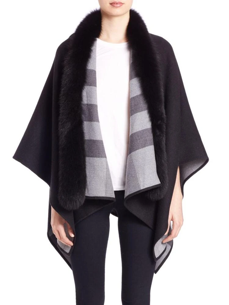 商品Burberry|Reversible Fox Fur-Trimmed Check Merino Wool Poncho,价格¥11836,第1张图片