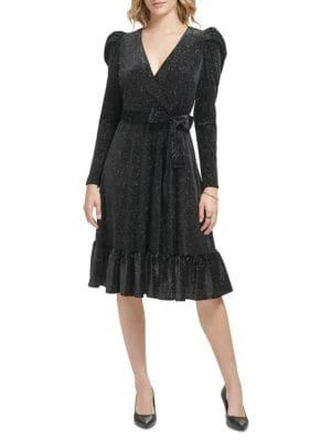 商品Karl Lagerfeld Paris|Glitter Velvet Puff Sleeve Midi Dress,价格¥676,第1张图片